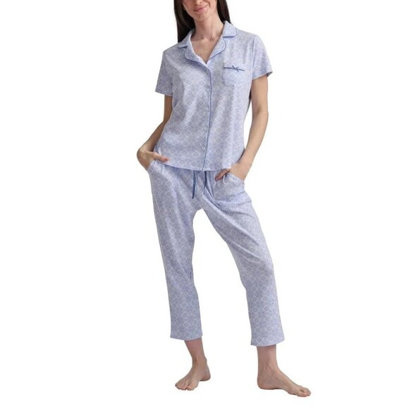NWOT Karen Neuburger Women's XL Pajama Set Geometric Cotton Crop Pants - Picture 1 of 6